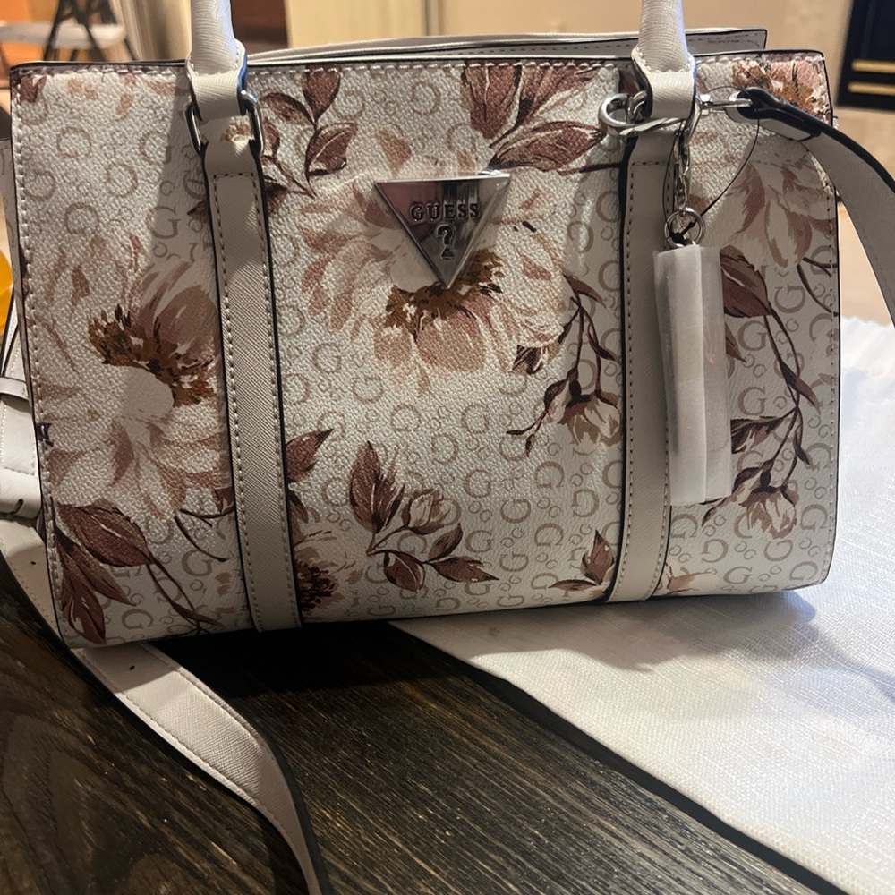 GUESS Floral Satchel in White and Brown